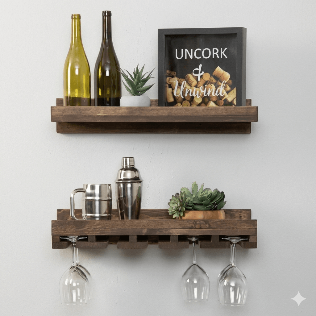 Solid Wood Glass Hanger and Bottle Rack Rustic Wall Mount Bar. 