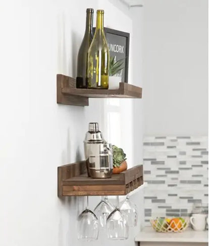 Glass Hanger and Bottle Rack Rustic Wall Mount Bar Made in Solid Mango Wood. 