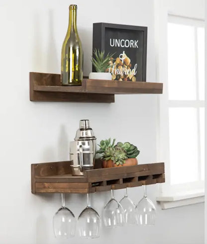 Solid Mango Wood Glass Hanger and Bottle Rack Rustic Wall Mount Bar. 
