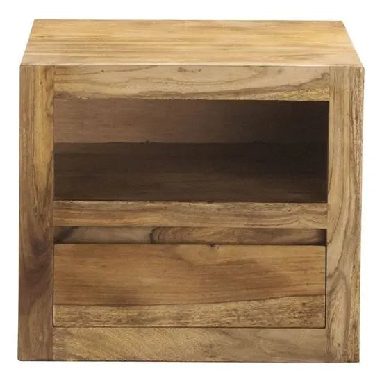 A rectangular Sheesham wood bedside table with one drawer and an open shelf.