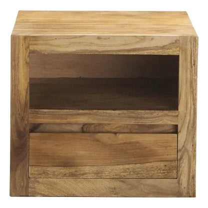 A rectangular Sheesham wood bedside table with one drawer and an open shelf.