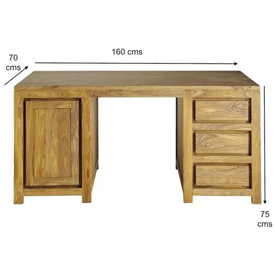 Solid Sheesham Wood One Door Three Drawer Harry Desk. 