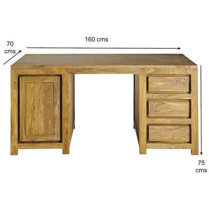 Solid Sheesham Wood One Door Three Drawer Harry Desk. 