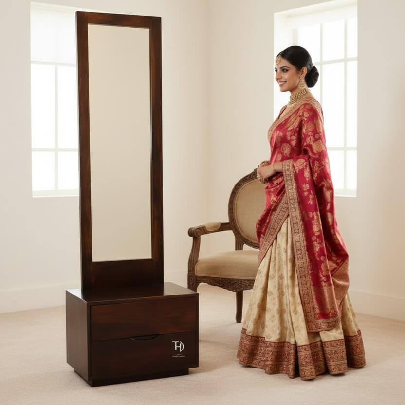 Two Drawer and Without Storage Mirror Harry Dressing Table Made in Solid Sheesham Wood, Mdf and Glass. 