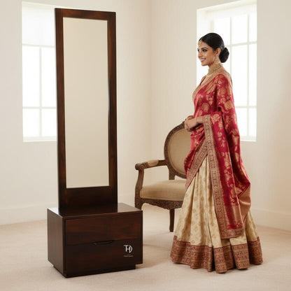 Two Drawer and Without Storage Mirror Harry Dressing Table Made in Solid Sheesham Wood, Mdf and Glass. 
