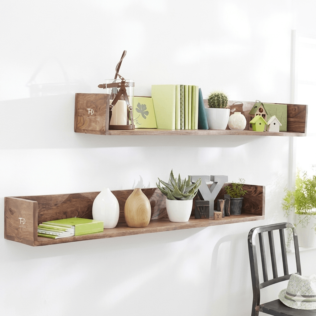 Solid Sheesham Wood Two Shelf Harry Wall Rack. 