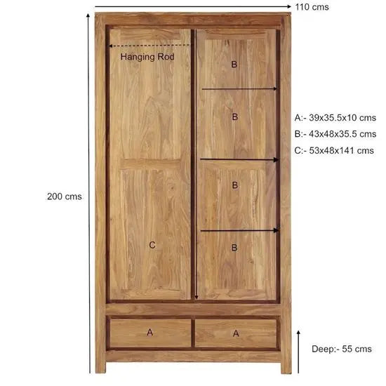 Sheesham Wood Two Door and Two Drawer harry Wardrobe in only stain finish.