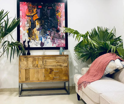 Solid mango wood and Metal Frame Three Door and Two Drawer Herringbone sideboard with geometric pattern. 