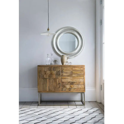 Three Door and Two Drawer Herringbone sideboard with geometric pattern made in Solid mango wood and metal frame. 