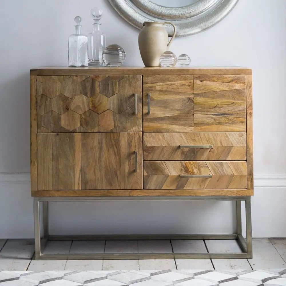 Solid wood and Metal Frame Three Door and Two Drawer Herringbone sideboard with geometric pattern. 