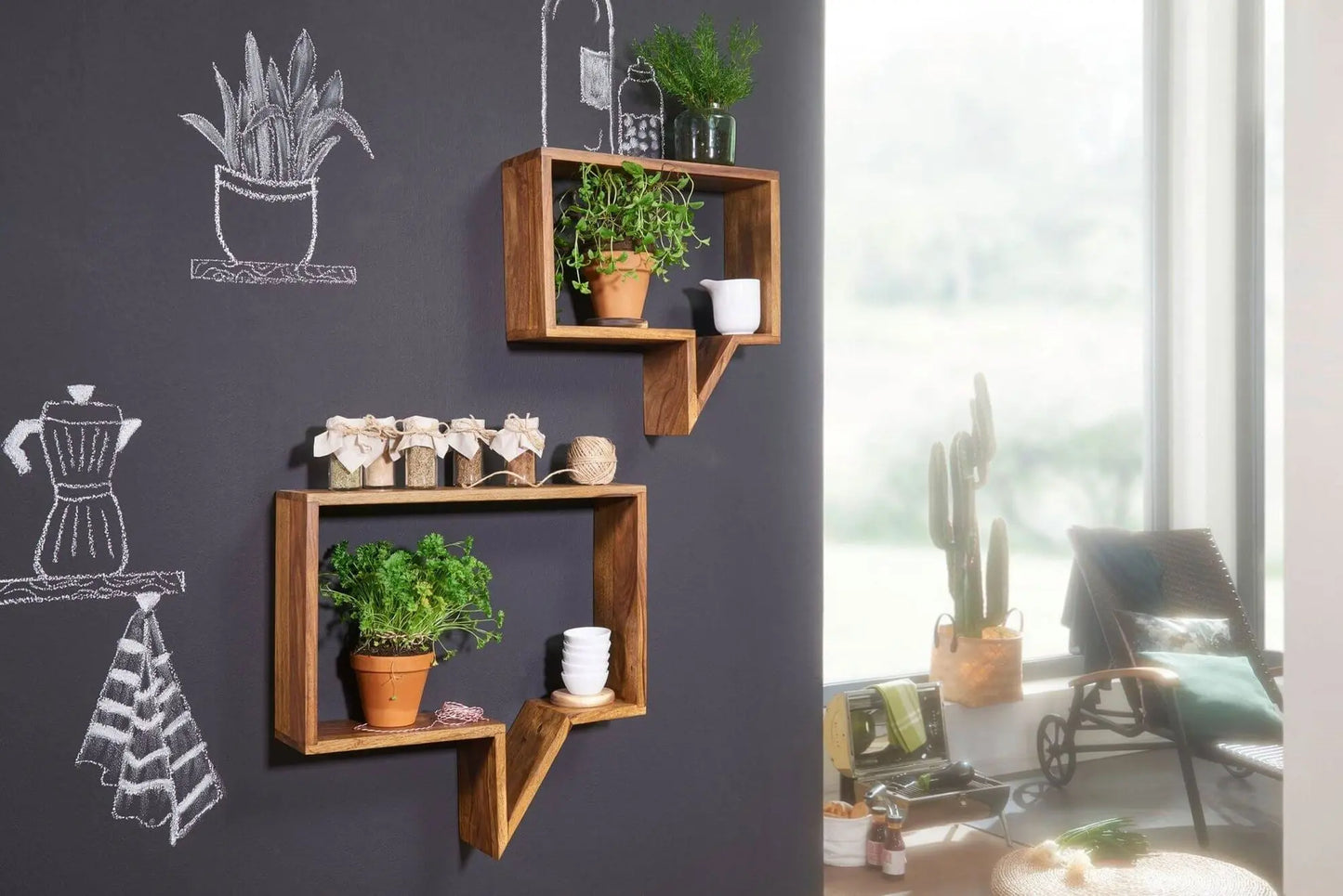 Wooden wall shelves for keeps decorative items. 
