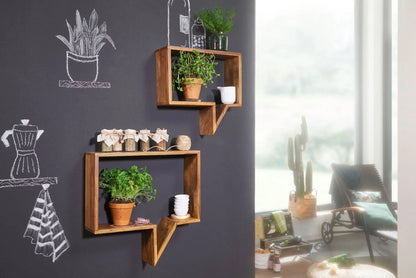 Wooden wall shelves for keeps decorative items. 