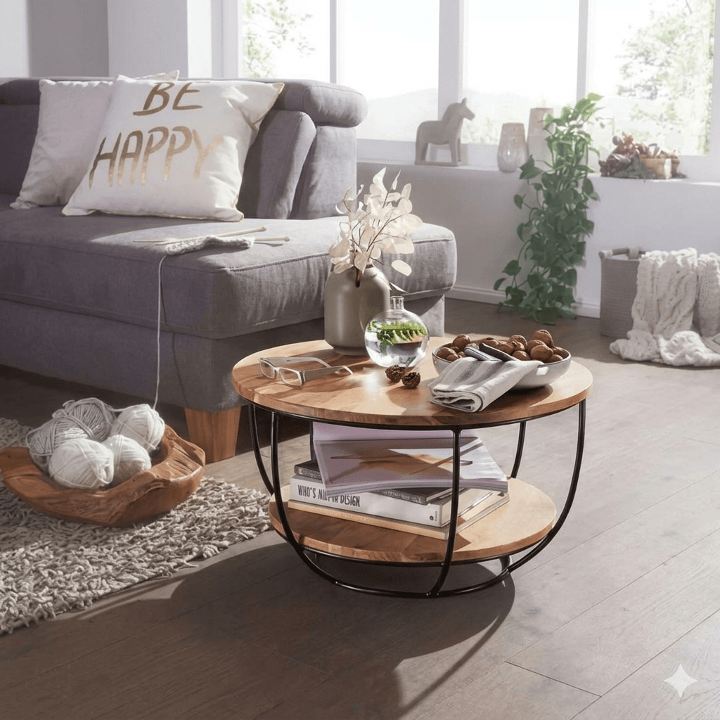 A round coffee table with acacia wood top and black metal frame with two shelves for keeps items. 