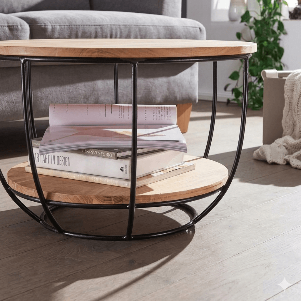 Solid acacia wood and Metal frame round shaped two shelves Hoop coffee table. 