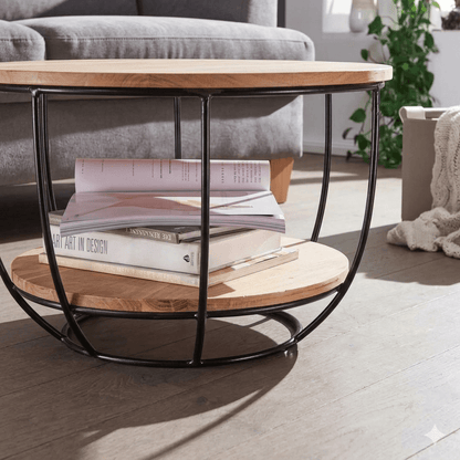 Solid acacia wood and Metal frame round shaped two shelves Hoop coffee table. 