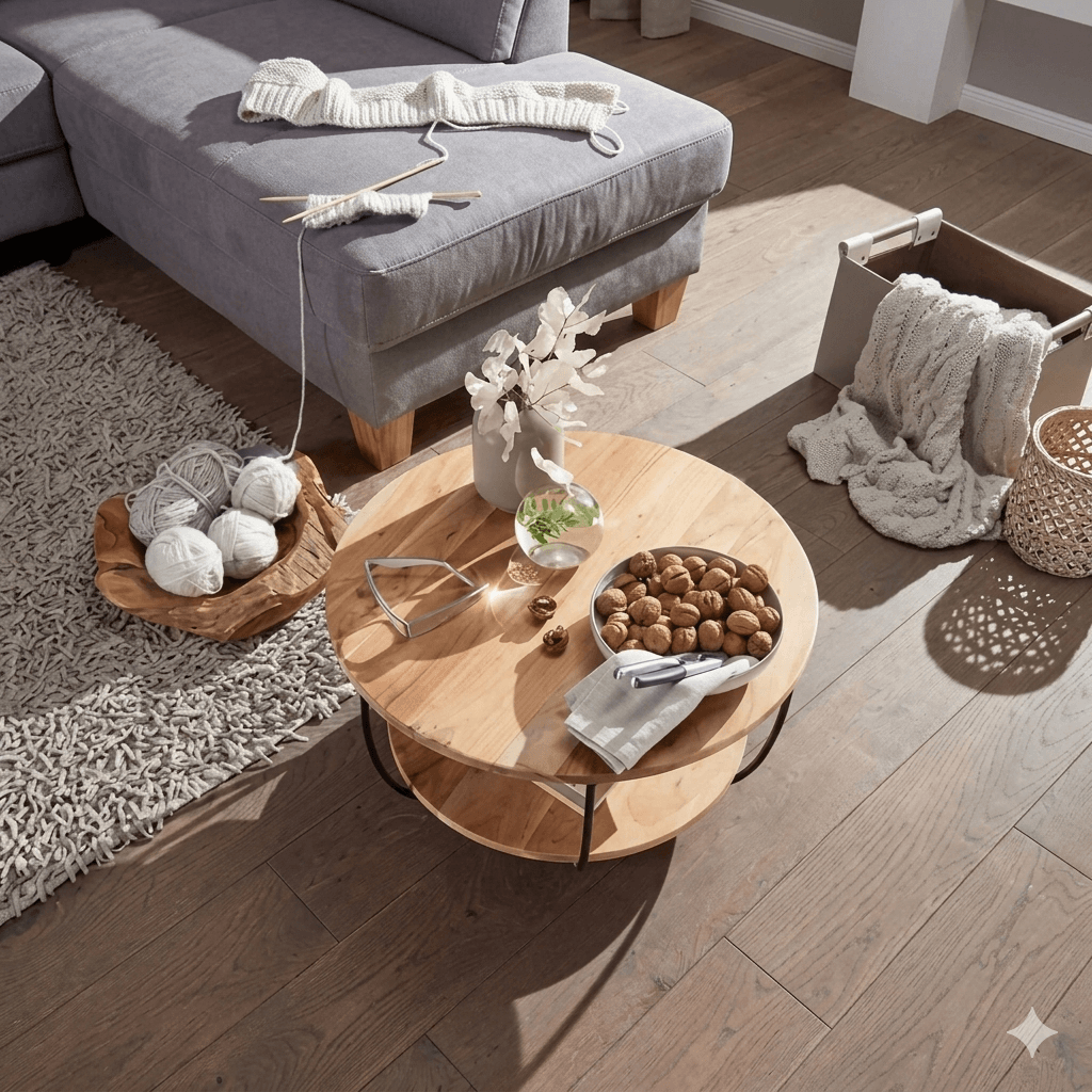 Solid wood and Metal frame Round shaped two shelf Hoop coffee table.   
