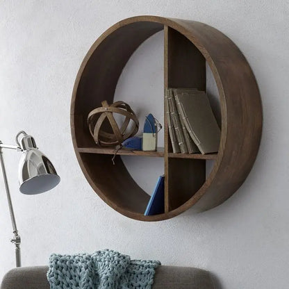 Wooden circular wall shelf for keeps books and decorative items. 
