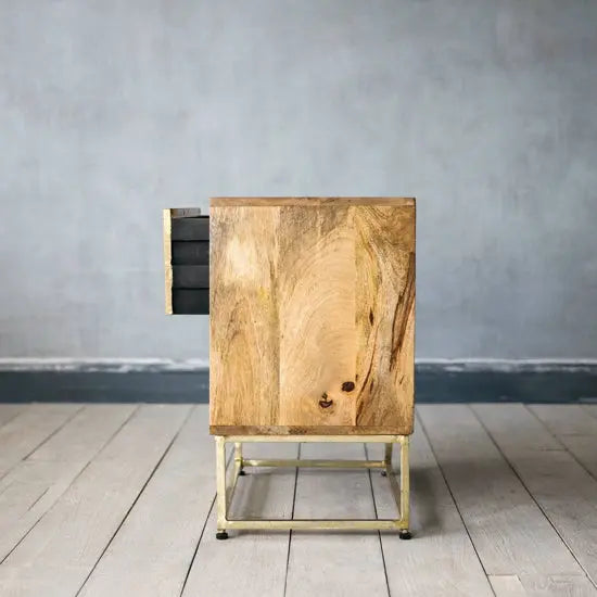 Solid Mango Wood and Metal Frame Two Diamond Drawer Design Hopton Bedside. 