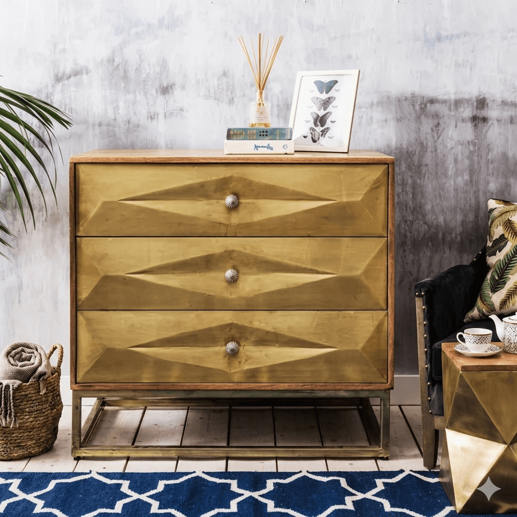 A brass-painted chest of drawers with three drawers, featuring a geometric design on the drawer fronts. Export Quality furniture product.