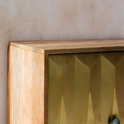 Hopton brass sideboard is beautifully crafted with natural wood grains on top and sides, and beveled metal shutters.