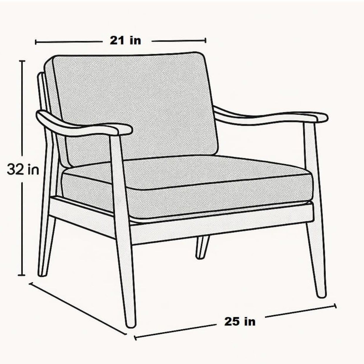 A black and white line drawing of an armchair with dimension labels showing 21 in width, 32 in height, and 25 in depth.