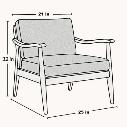 A black and white line drawing of an armchair with dimension labels showing 21 in width, 32 in height, and 25 in depth.