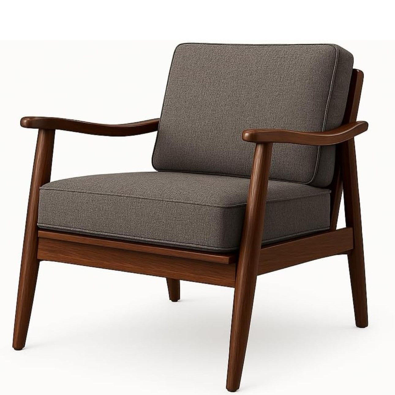 A mid-century modern armchair with a dark brown wooden frame and textured gray fabric cushions.