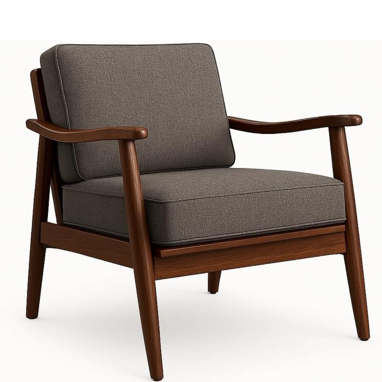 A mid-century modern armchair with dark brown wooden arms and legs, and textured gray fabric cushions.