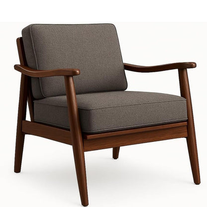 A mid-century modern armchair with dark brown wooden arms and legs, and textured gray fabric cushions.