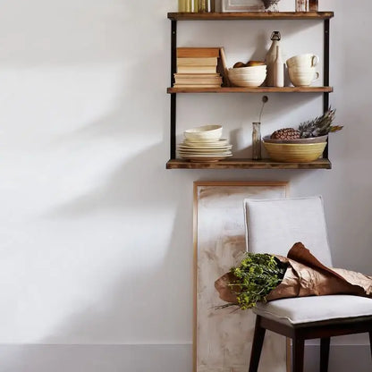 Solid mango wood and Metal Three shelf industrial wall rack for keeps books and other decorative items. 