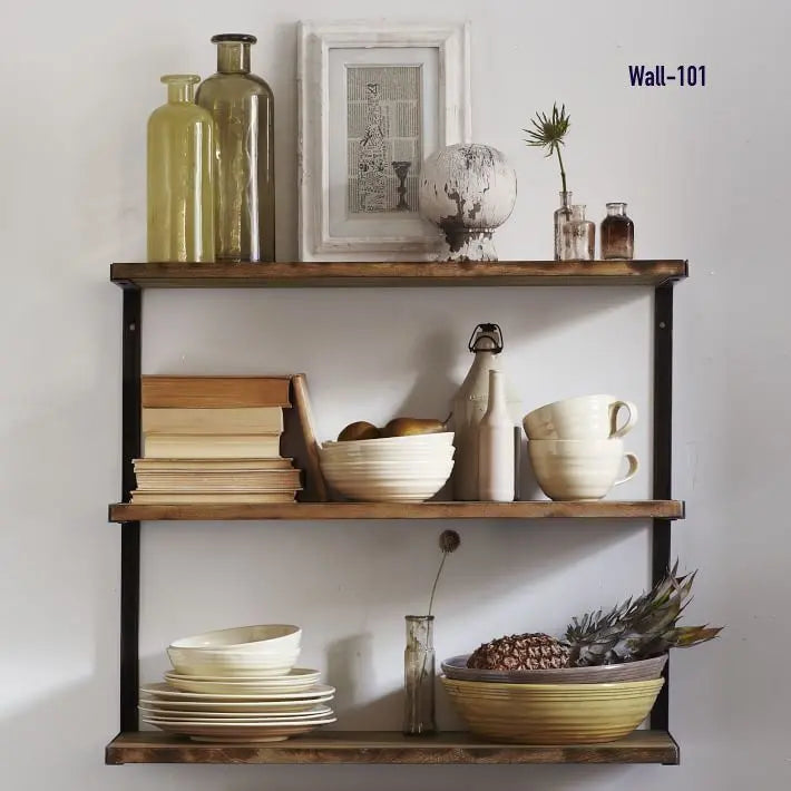 Solid wood and Metal Three shelf industrial wall rack for keeps books and other decorative items. 