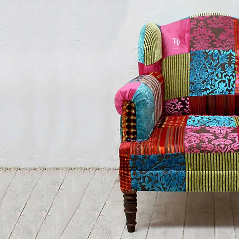 Solid sheesham wood Colorful patchwork armchair with a patterned design.