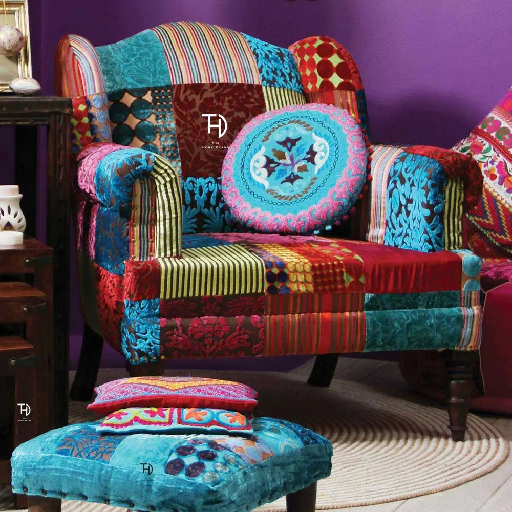 Colorful patchwork armchair made in Solid sheesham wood.