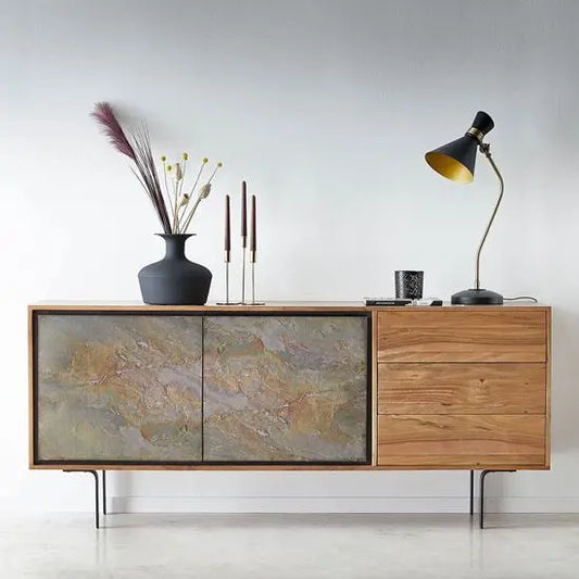 Two Door Three Drawer Jarrah Cabinet Made in Solid Acacia Wood, Stone Vinner on Door and Metal Legs. 