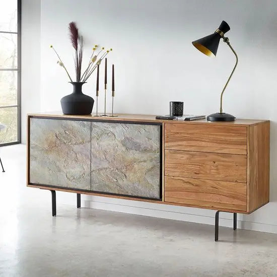 Two Door Three Drawer Jarrah Cabinet Made in Solid Acacia Wood, Stone Vinner on Door and Metal Legs. 
