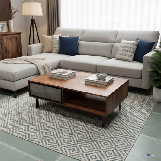 Acacia wood, metal and stone veneer two drawer and one shelf jarrah coffee table. 