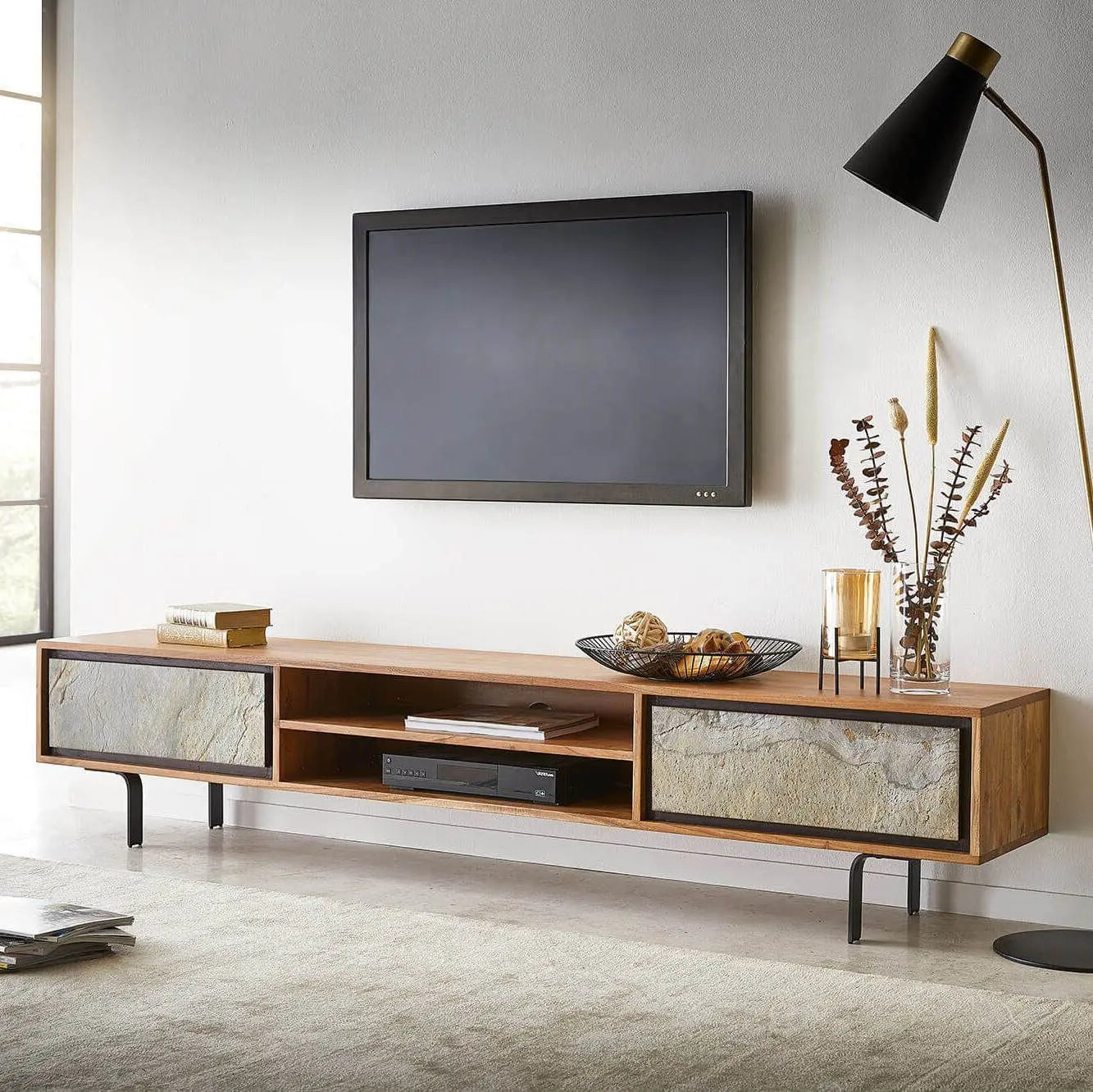 A Jarrah long TVC featuring two doors and two open shelves, Made in acacia wood, stone vinner with metal legs. 