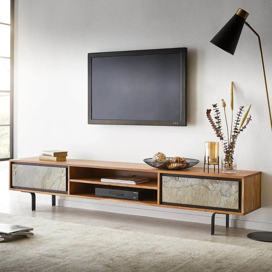 A Jarrah long TVC featuring two doors and two open shelves, Made in acacia wood, stone vinner with metal legs. 