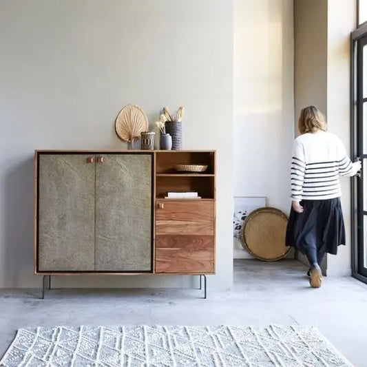 A Jarrah Sideboard made of acacia wood with metal legs, featuring three doors and two open shelves.
