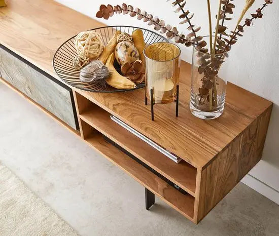 Acacia Wood and metal legs Two Door and Two Shelf Sleek look jarrah tvc.
