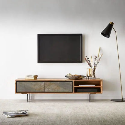 A Jarrah Tvc entertainment center with two doors and open shelves, featuring metal legs.