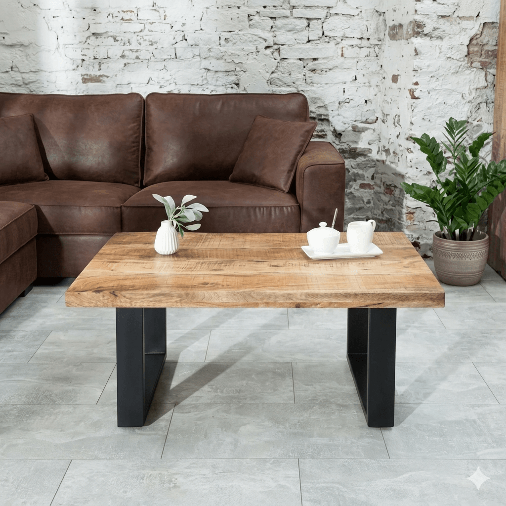 A medium-sized coffee table with a distressed finish mango wood top and black metal legs. 