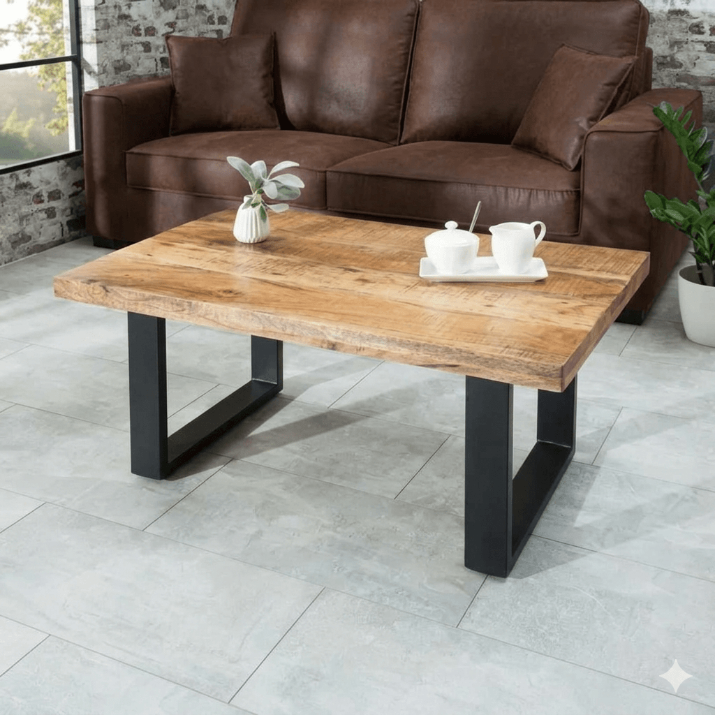 Industrial design Rectangular medium size Jett coffee Table Made in Solid mango wood and metal frame.  