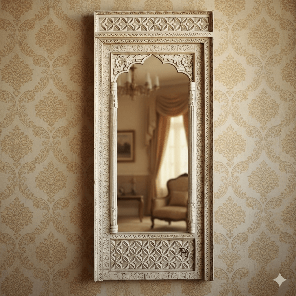 A Solid wood white hand-carved wooden mirror frame with intricate designs.