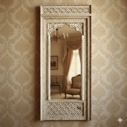 A Solid wood white hand-carved wooden mirror frame with intricate designs.