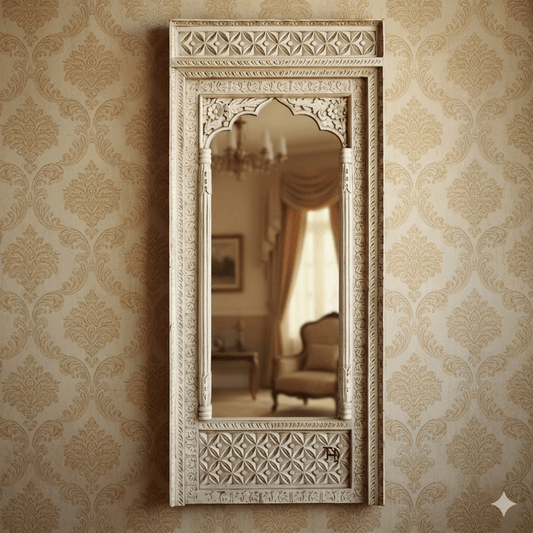 A Solid wood white hand-carved wooden mirror frame with intricate designs.