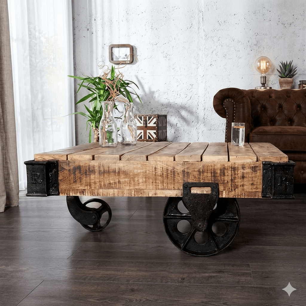 Solid mango wood distress finish industrial kart coffee table with featuring cast iron corners and wheels. 