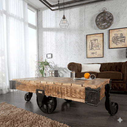 An industrial style Kart Coffee Table with distressed finish, featuring cast iron corners and wheels, mango wood top, and metal accents.