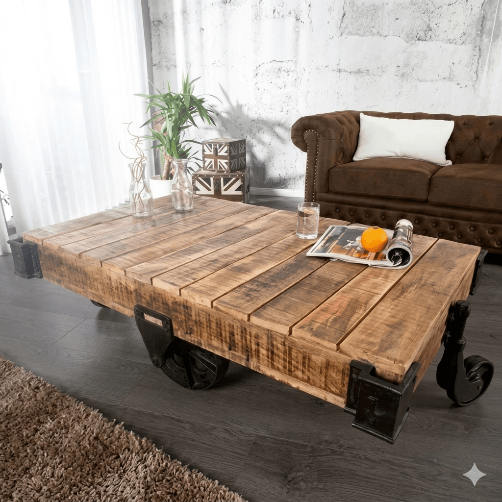 Solid wood distress finish industrial kart coffee table with featuring cast iron corners and wheels. 
