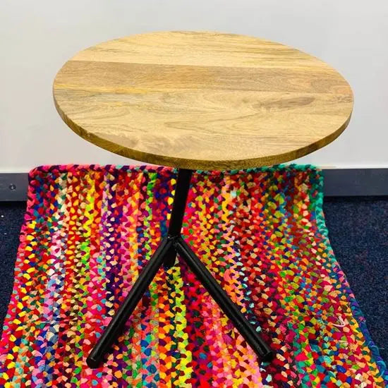 Solid Wood Top and Metal Legs Kayra Round Side Table. 